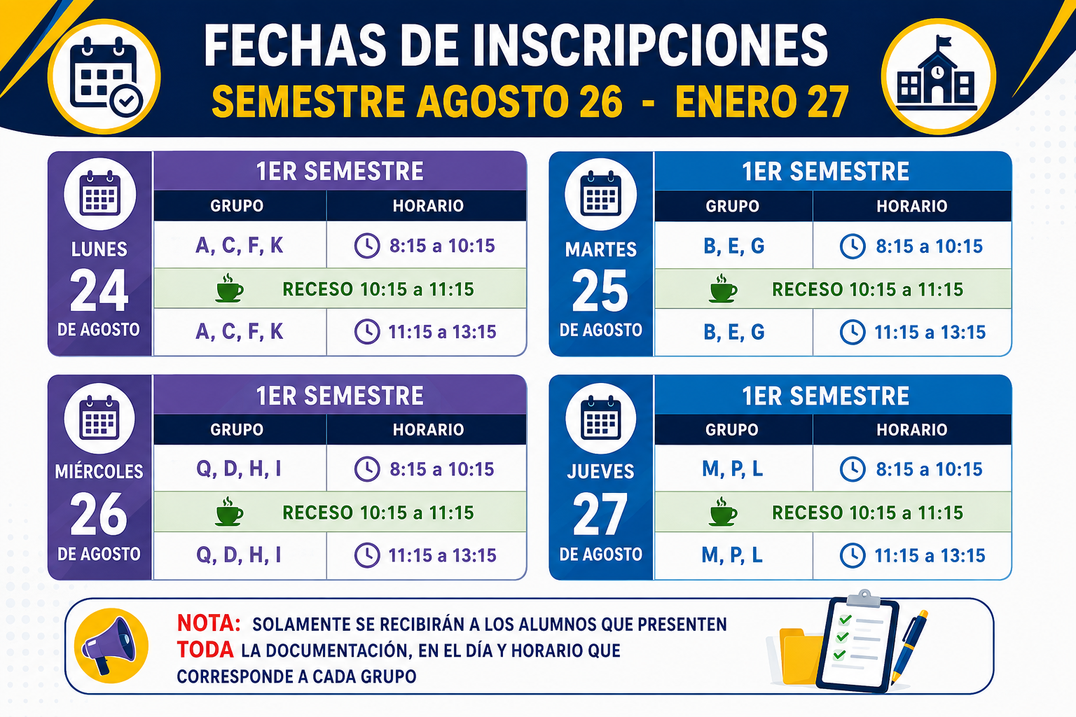 Horario de inscripciones 1 semestre agosto 2026 - enero 2027